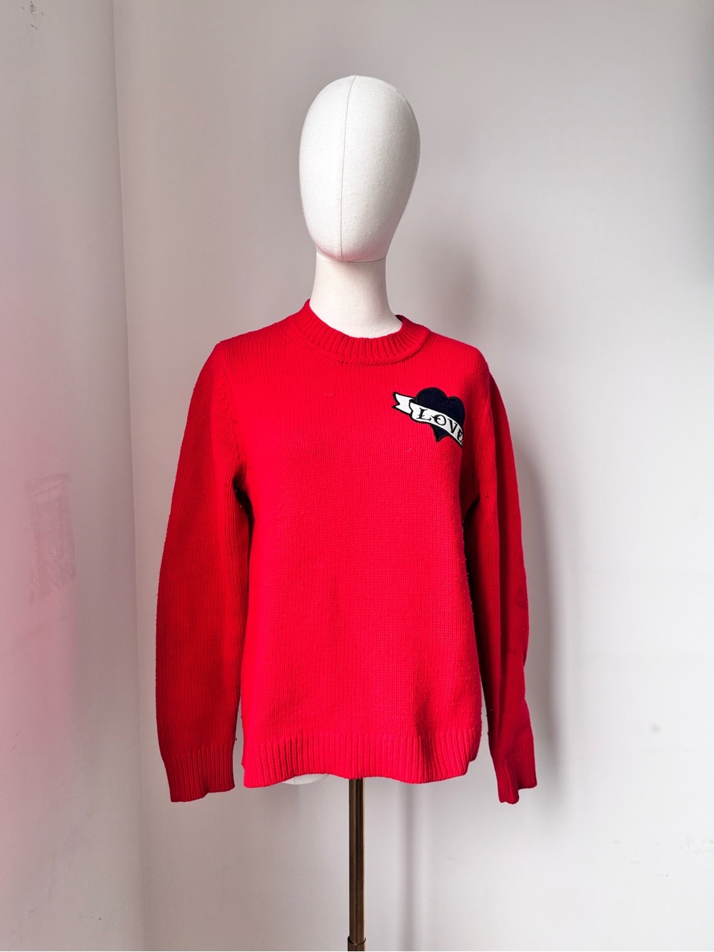Sandro Red Crewneck Sweater with 'LOVE' Heart Patch